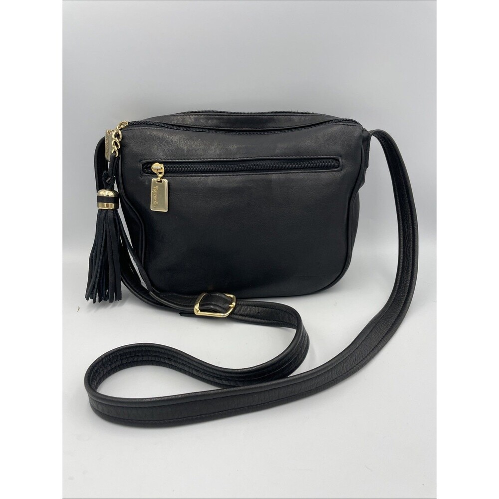 Vtg Tignanello Womens Leather Crossbody Bag Black Purse Gold Hardware Tassel